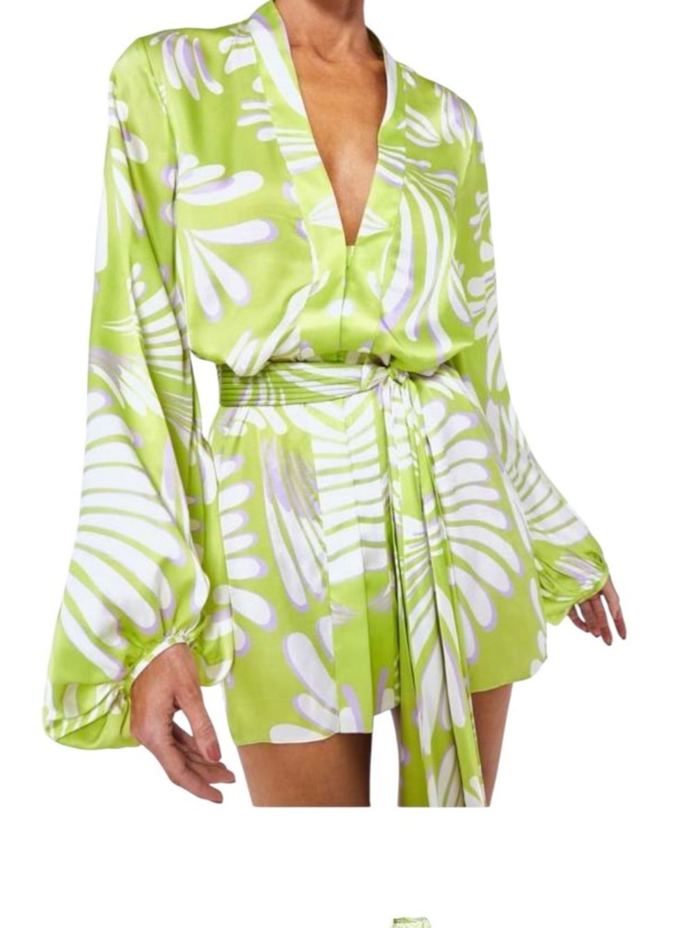 Alexis Karine Mini Wrap Dress Bliss Lime Green Abstract Floral Satin Size S $396 - Picture 12 of 16